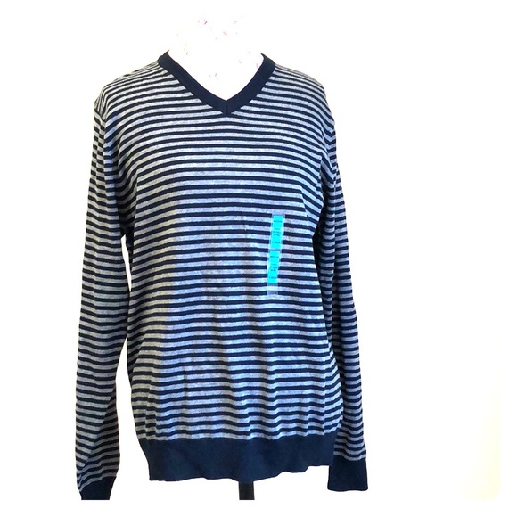 Marks & Spencer Mens / Women V-Neck Sweater - Iron Gray Stripe Size M - Picture 5 of 12